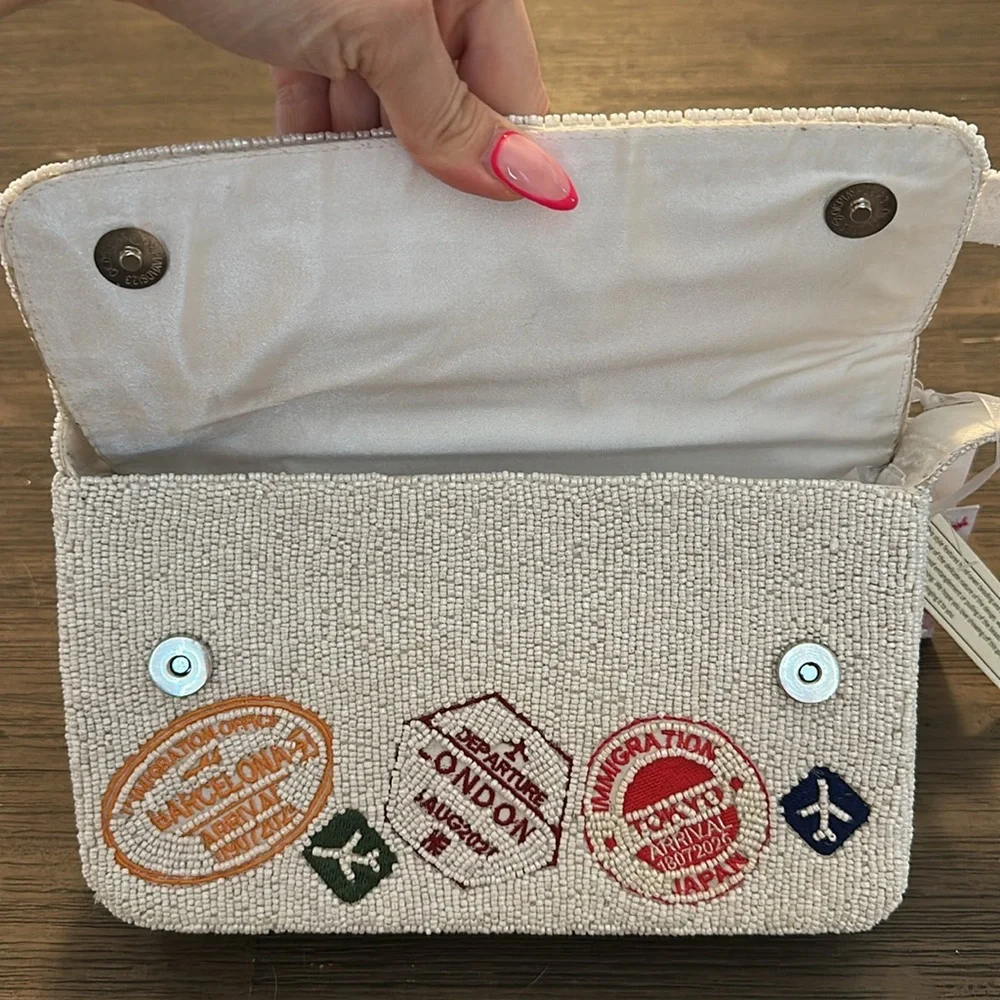 TJ Maxx White Beaded Passport Stamp Crossbody Bag - NWT - Picture 2 of 3